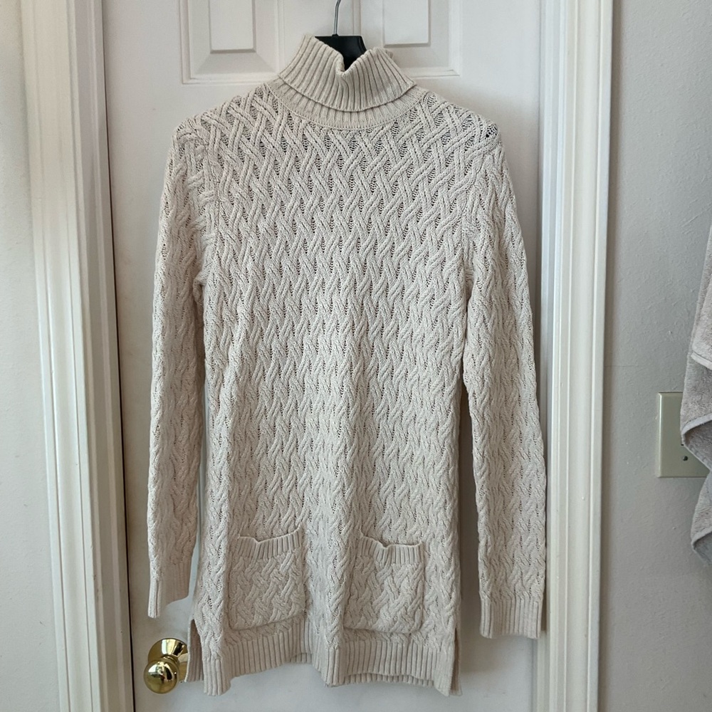 Jeanne Pierre 100% cotton cable-knit turtleneck tunic sweater, ivory, Sz L - Picture 9 of 11